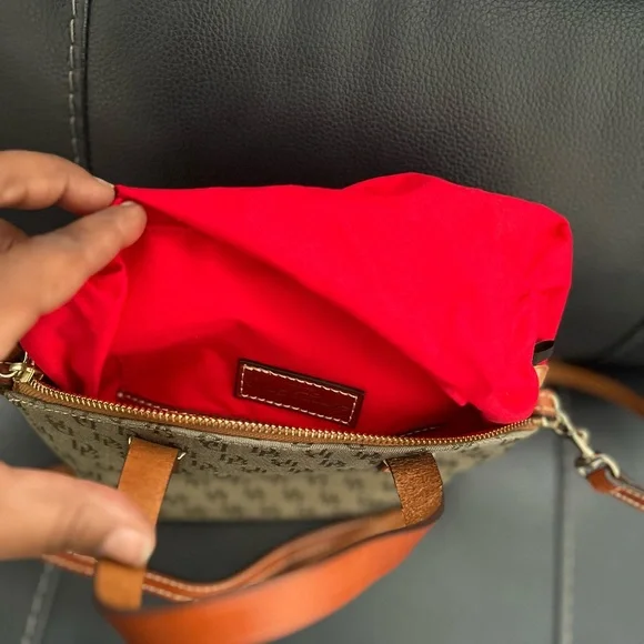 AUTHENTIC Dooney & Bourke Brown and Hunter Green Monogram Satchel - Picture 5 of 13